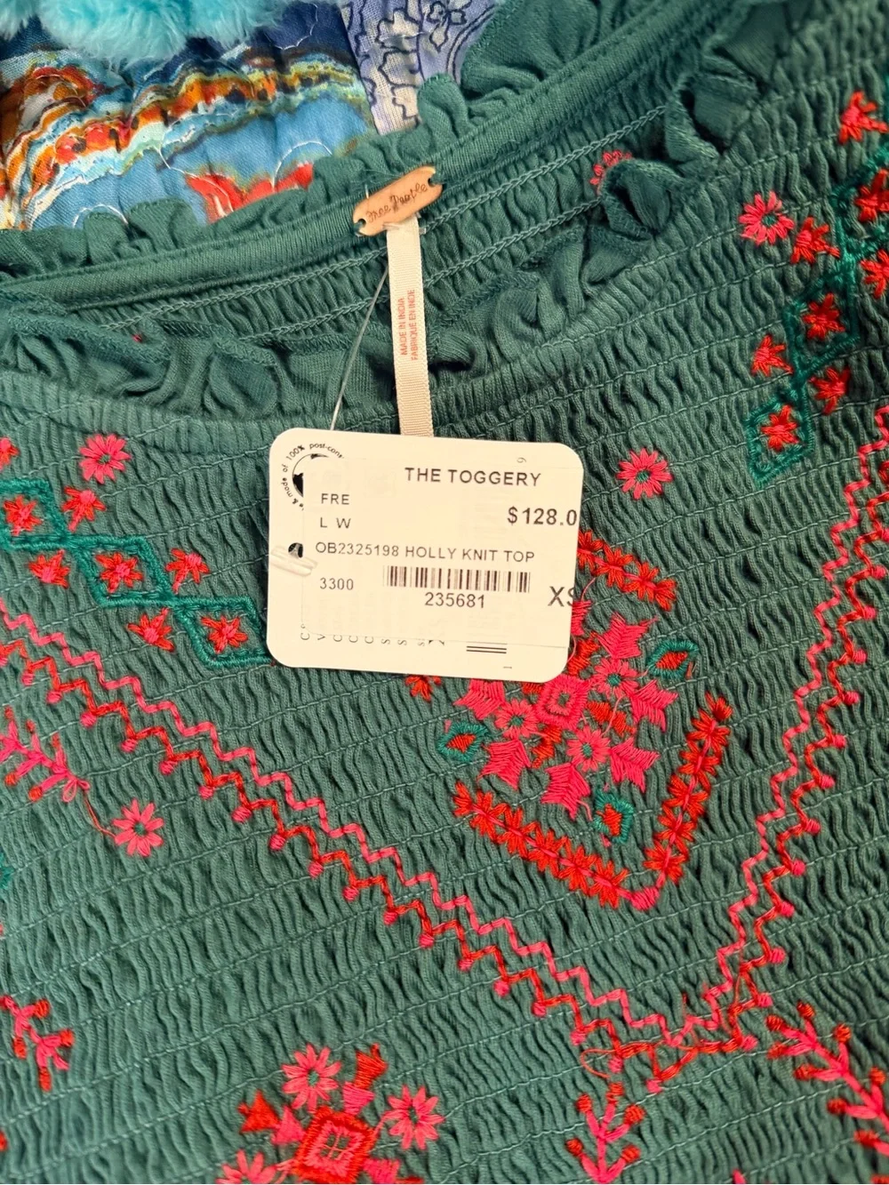 Free People Forest Green Peasant Tunic with Pink and Red Embroidery